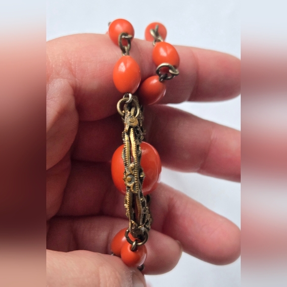 Antique Vintage 1920s Art Deco Coral Celluloid Flapper Necklace - Picture 8 of 9